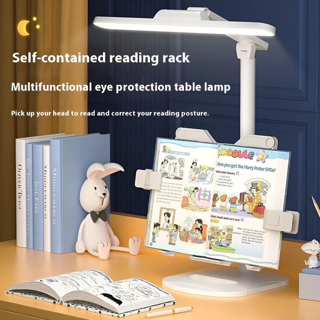 Multifunctional adjustable table lamp on a bookshelf showing three colour temperature settings and dual charging plug