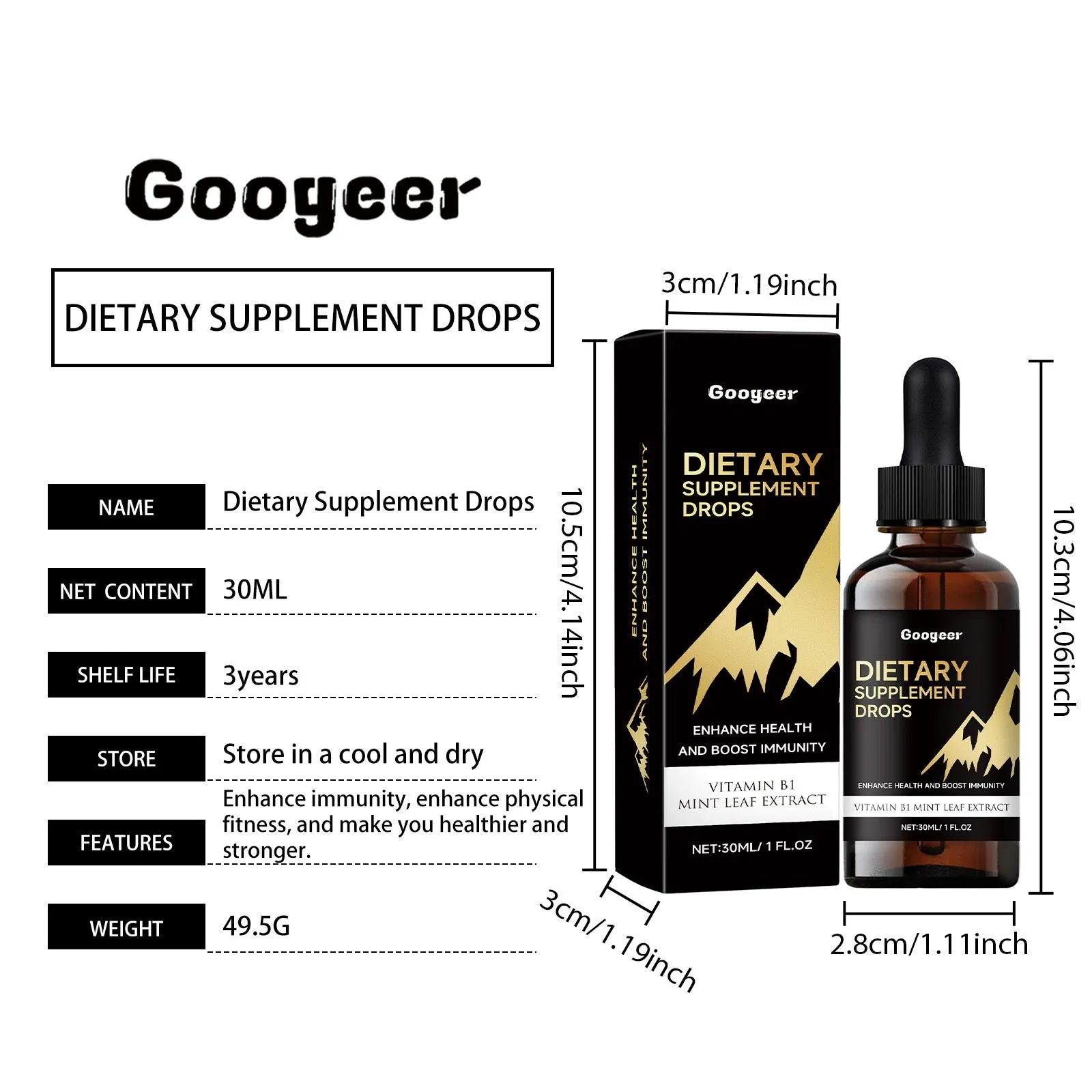 30ml clear bottle of liquid dietary supplement drops with a black dropper cap.