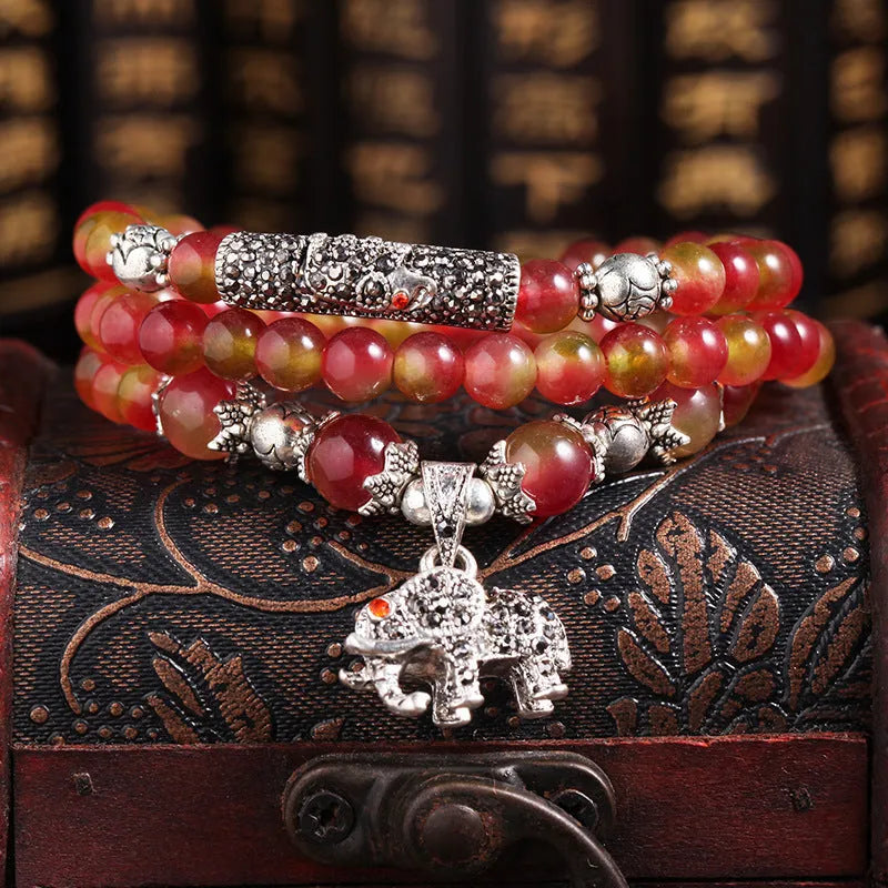 Handcrafted watermelon crystal bracelet with Chinese knot design in geometric shapes