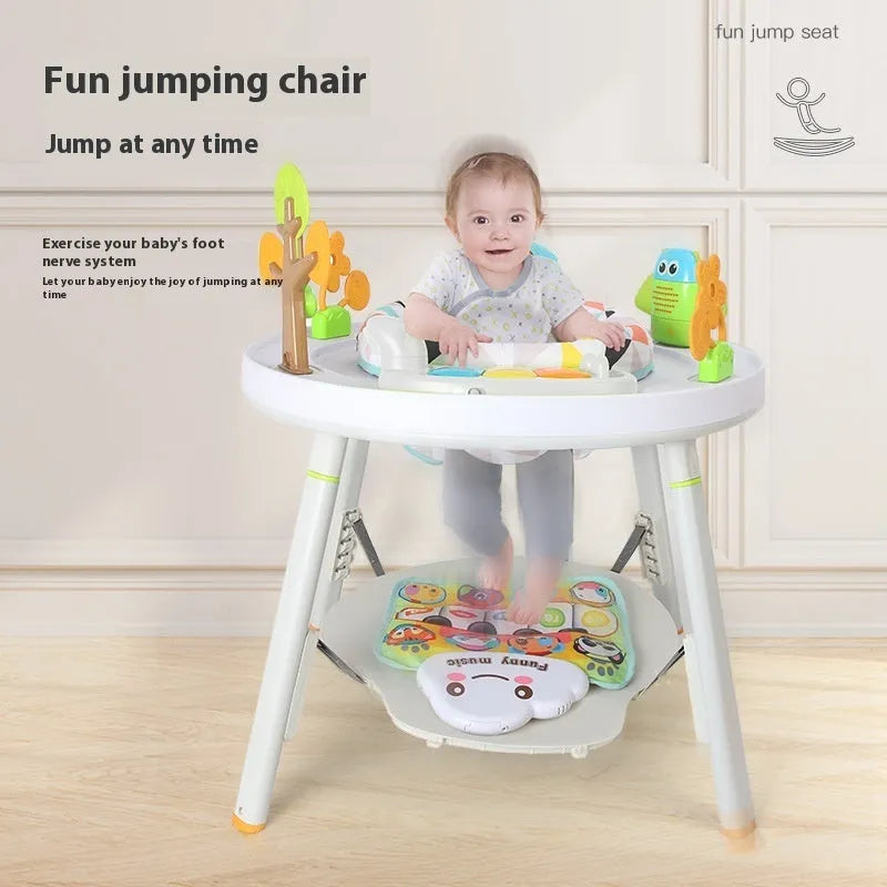 Three-function baby jumping chair with bouncing frame, gymnastic rack and interactive toys in duck design