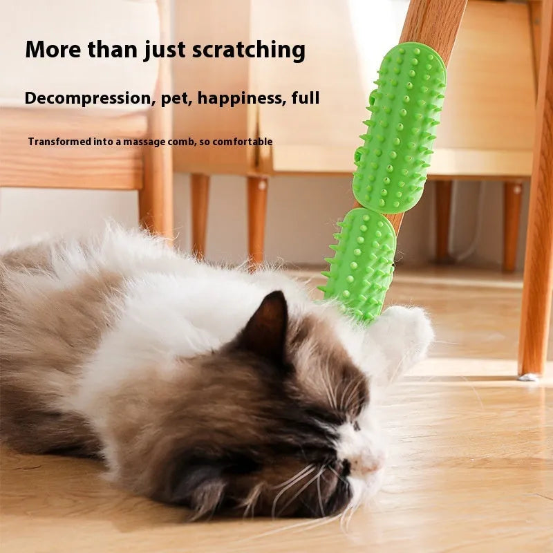 Silicone cat grooming brush with comb teeth mounted on table leg for scratching and hair removal