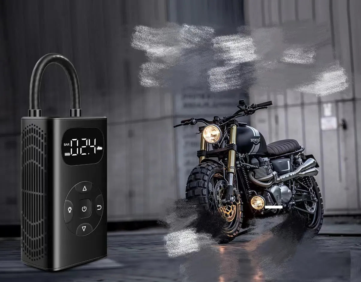 Black portable digital tyre inflator with power bank, USB cable, and 16cm tube on a grey background.