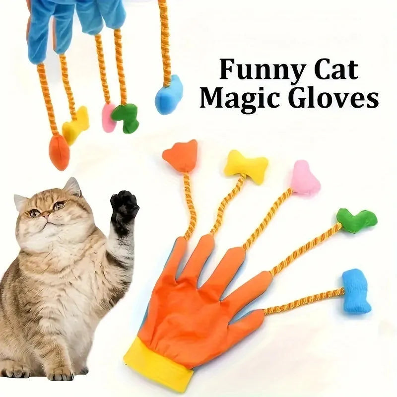Yellow and blue plush magic glove cat toy with integrated bell for interactive play