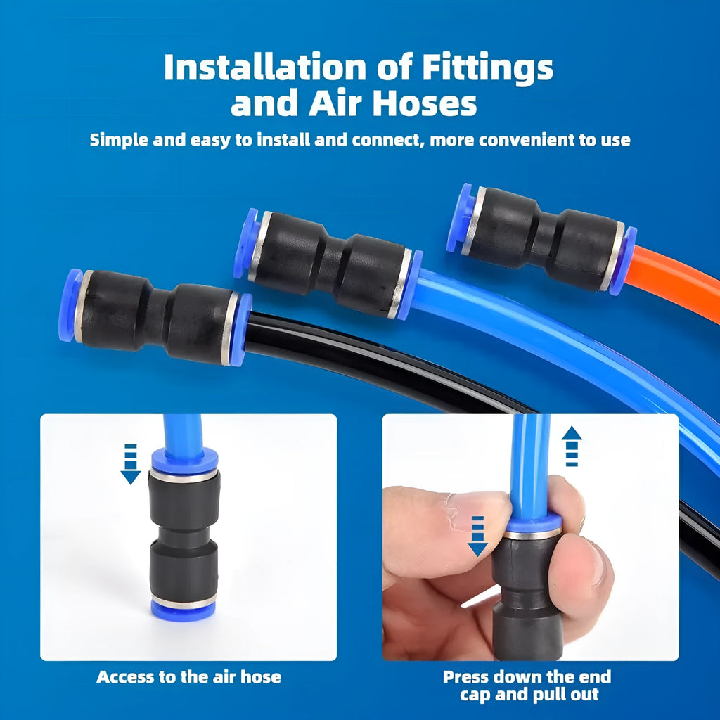 60-piece pneumatic quick connector set with push-in fittings and alloy plastic construction