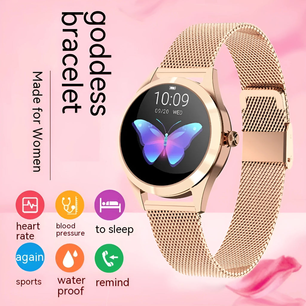 Women's sports smartwatch with heart rate monitoring in black, rose gold, silver or white colours