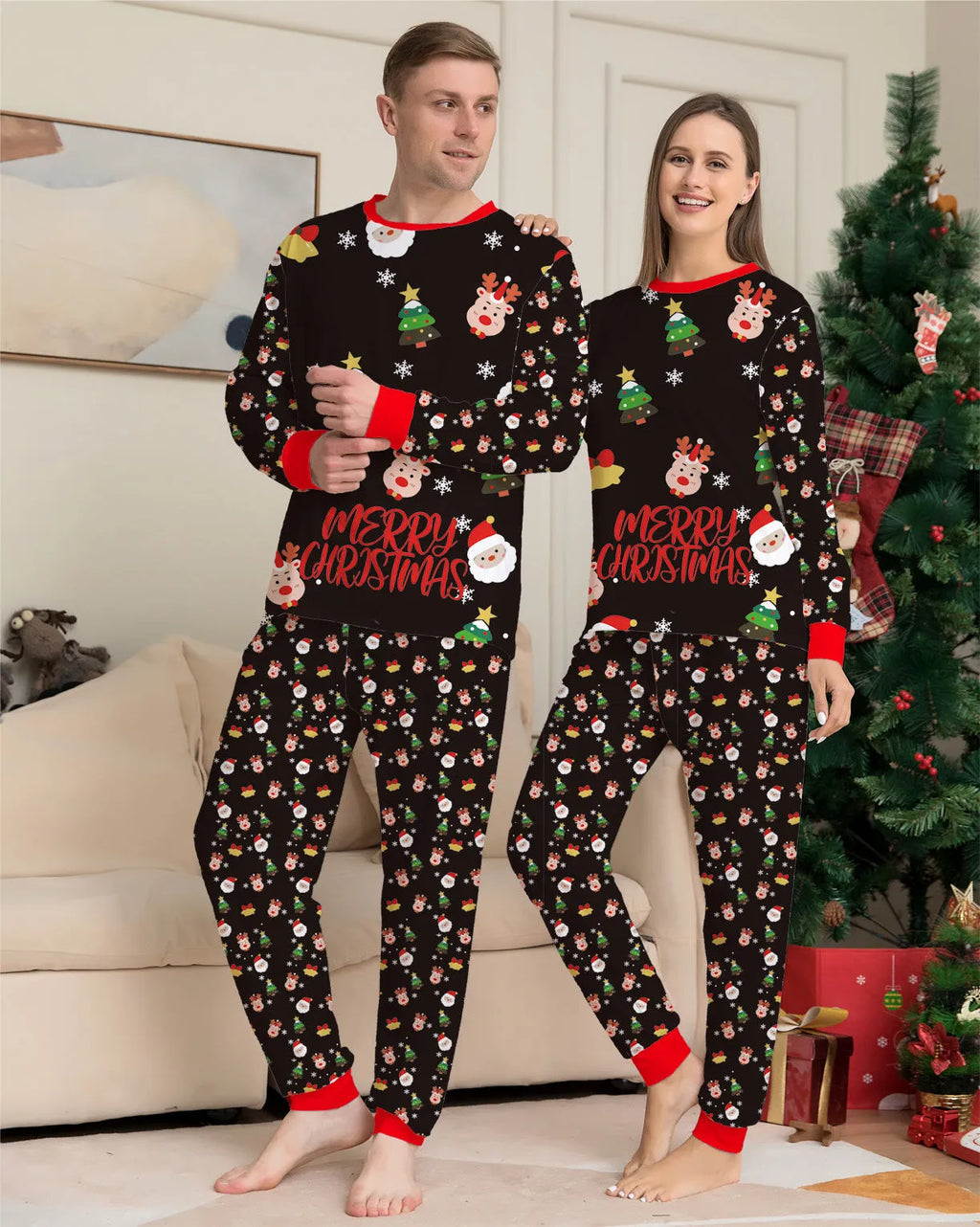 Family Christmas matching pajamas set in festive plaid and cartoon prints with dog sizes included