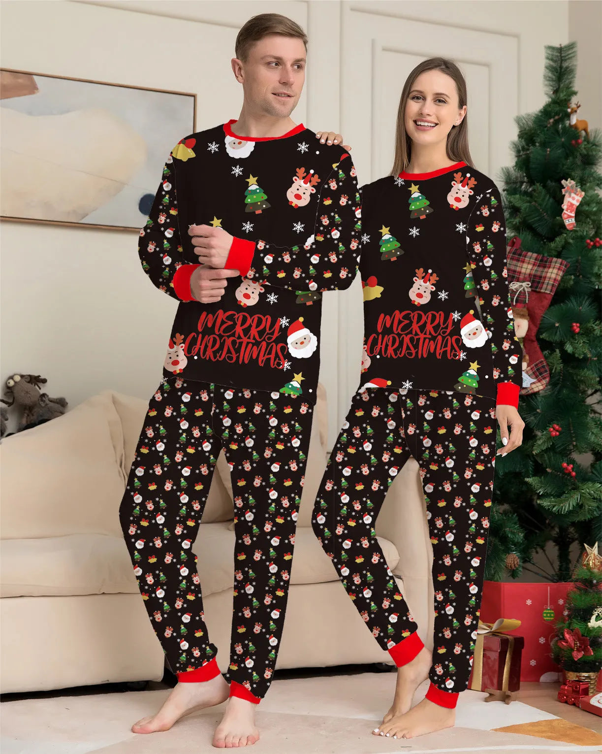 Family Christmas matching pajamas set in festive plaid and cartoon prints with dog sizes included