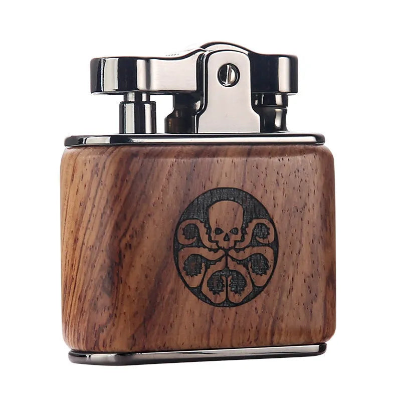 Sandalwood retro wooden kerosene lighter with cotton wick, 53x50x20mm, in Ebony finish, on gift box packaging