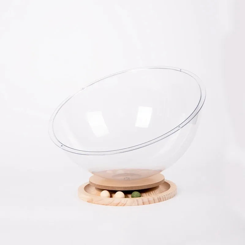Transparent acrylic cat space capsule bed with turntable base shown in multiple size options