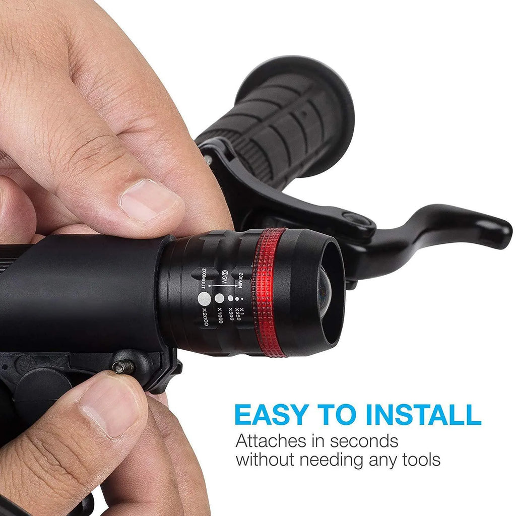 Bicycle headlights and taillights set with USB charging cable and mounting bracket on a bike handlebar
