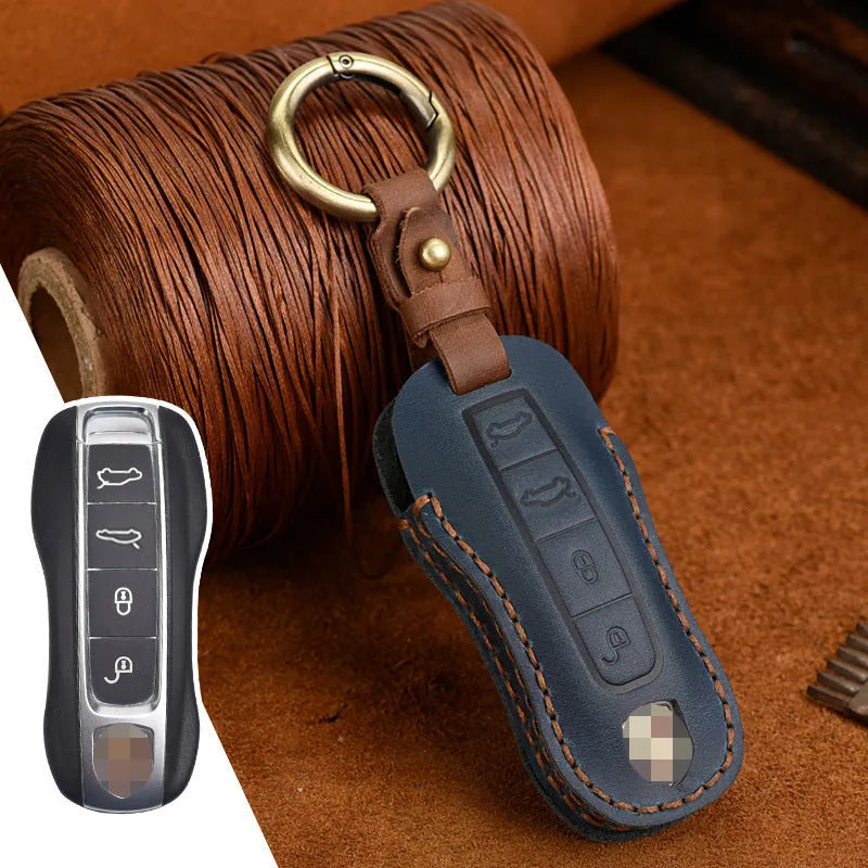 Genuine leather Porsche key cover with retro bag buckle in blue or brown for 3 or 4 keys