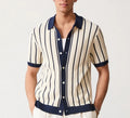 Men's white asymmetric knitted polo shirt with lapel collar and short sleeves.
