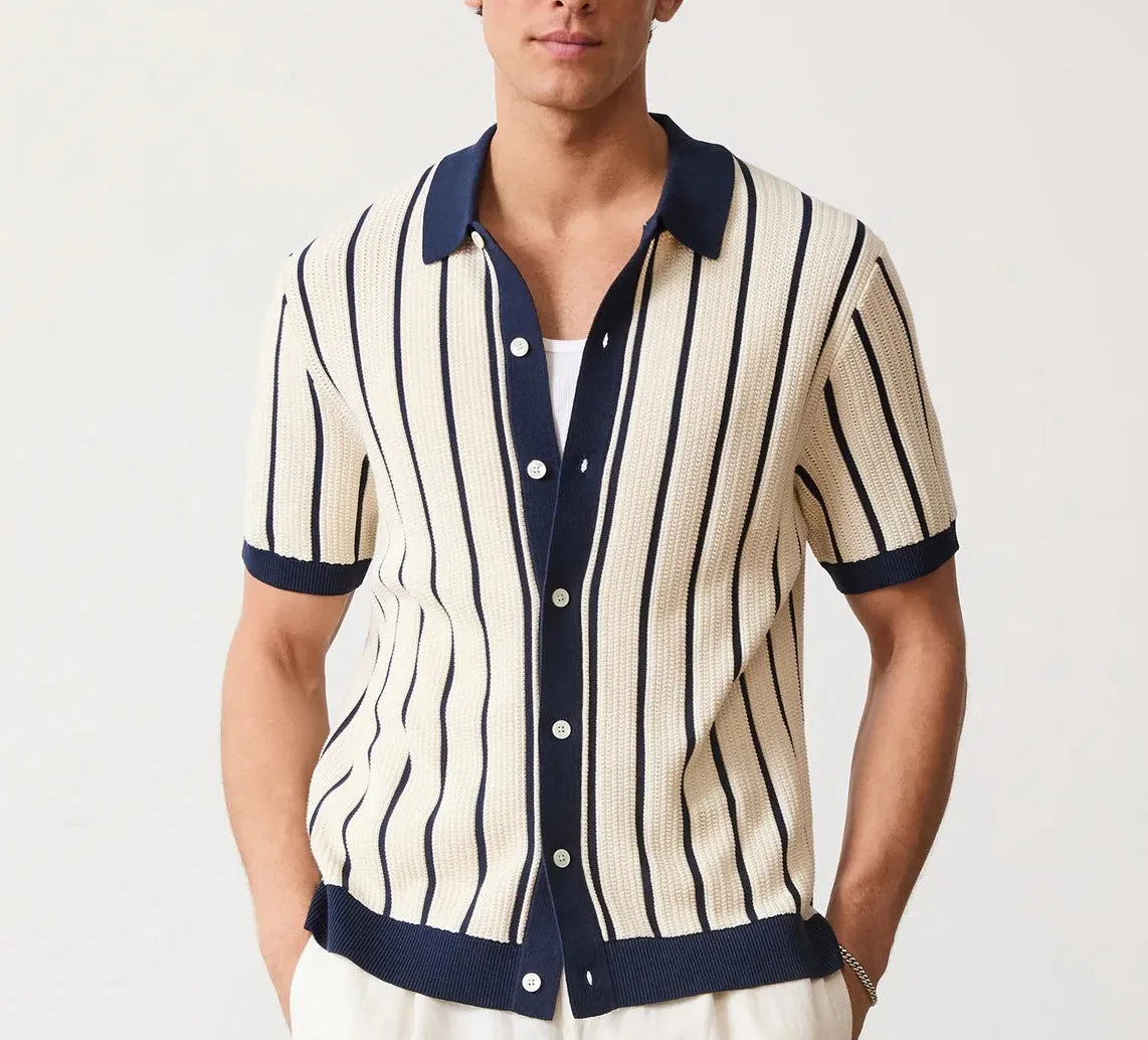 Men's white asymmetric knitted polo shirt with lapel collar and short sleeves.