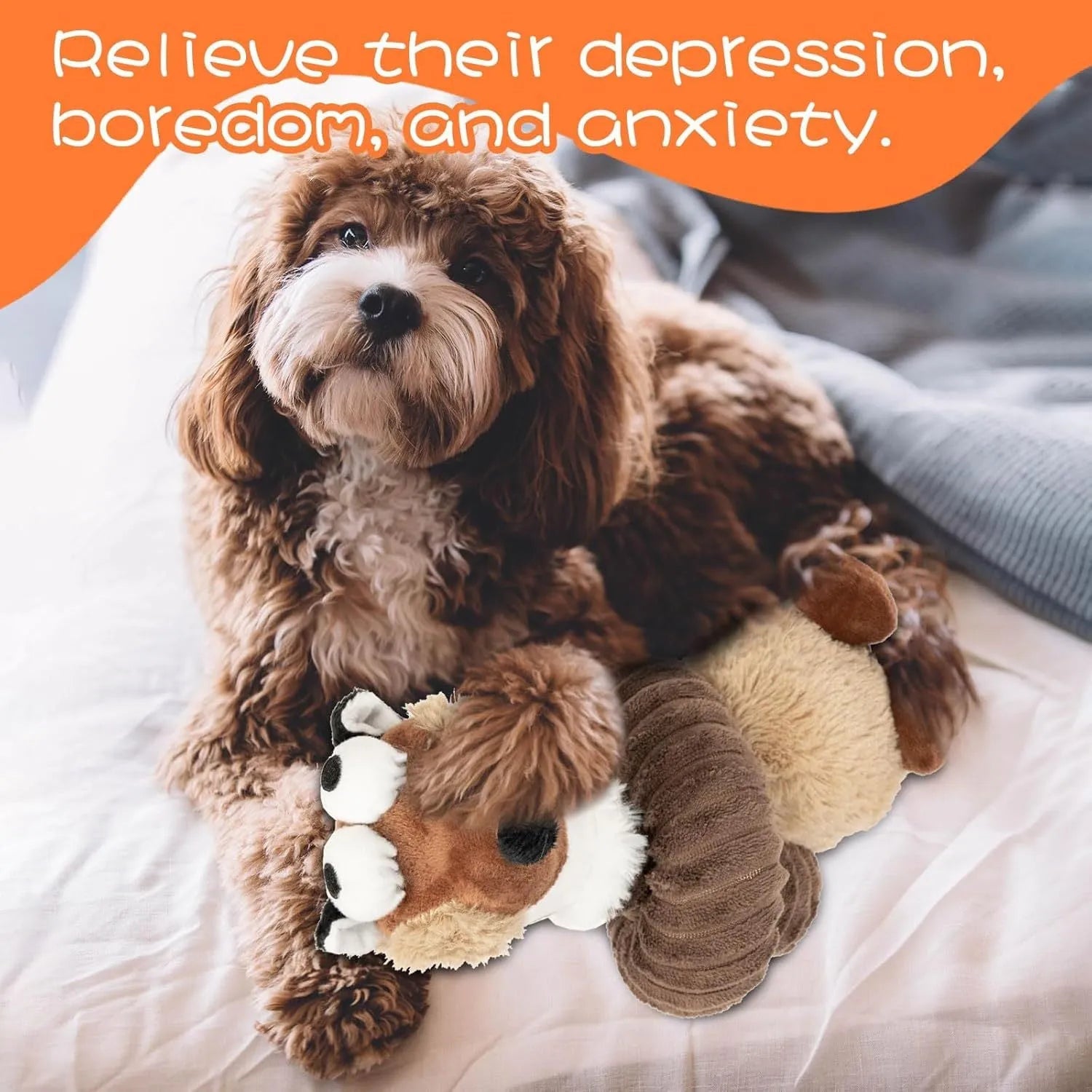 Brown, grey, and yellow plush squeaky dog toys with crinkle material for chewing.