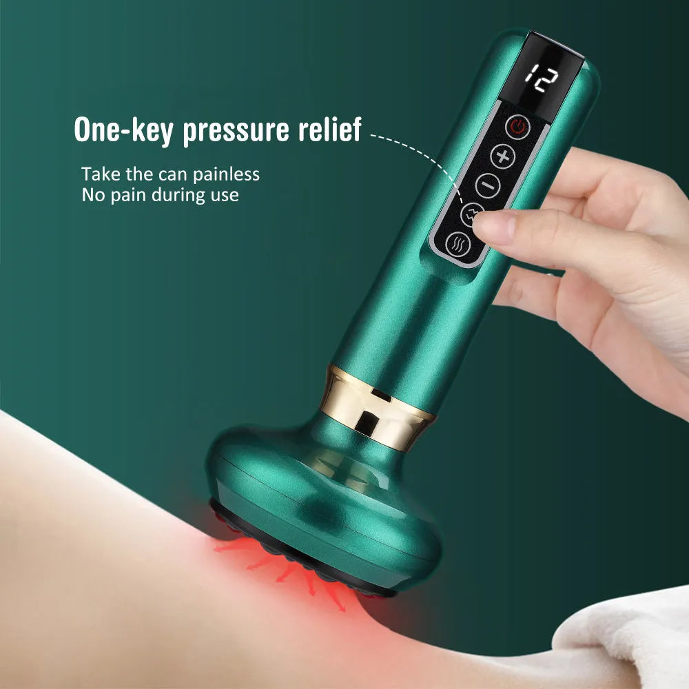 Green electric vacuum cupping massager device with USB charger on a white background.