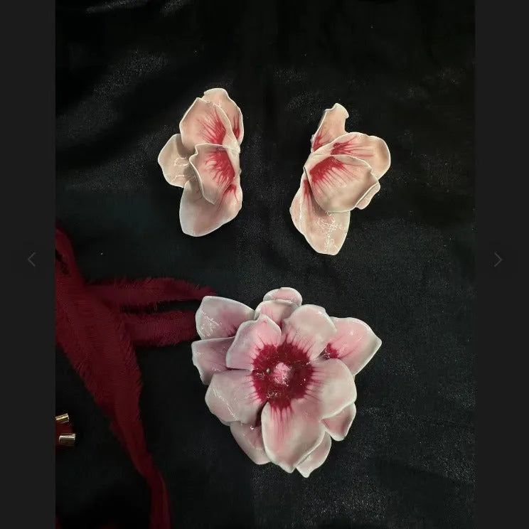 Pastoral style alloy flower stud earrings with oil-spot glaze finish in blue, green, purple, or rose colours