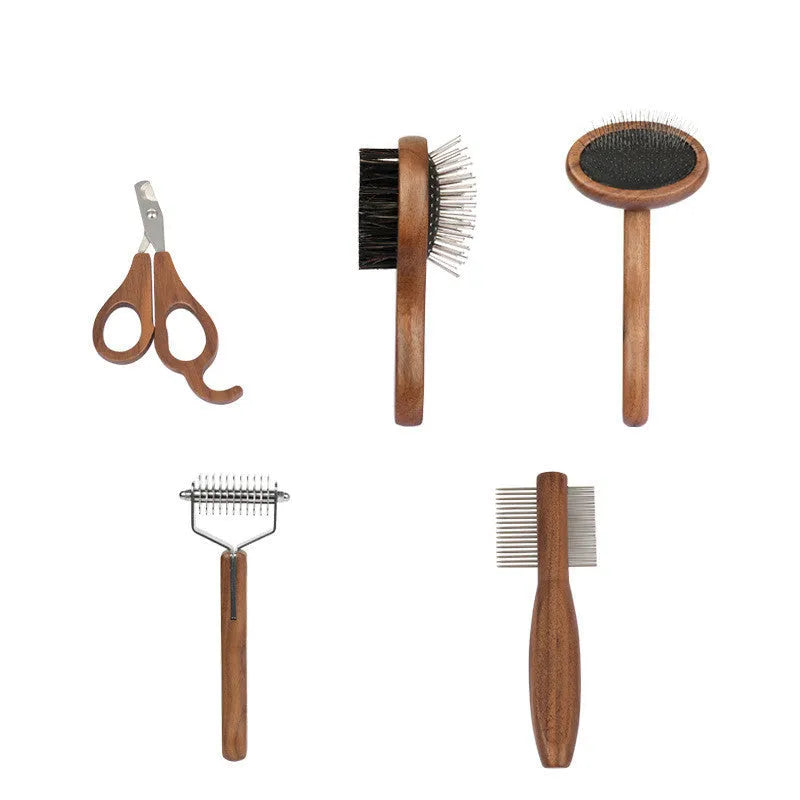 Wooden pet grooming set with comb, rake comb, and nail clippers in storage bucket