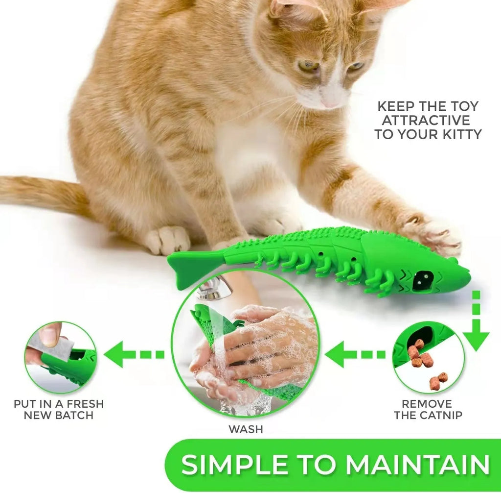 Blue hard rubber cat toy with 360-degree textured surface for teeth cleaning