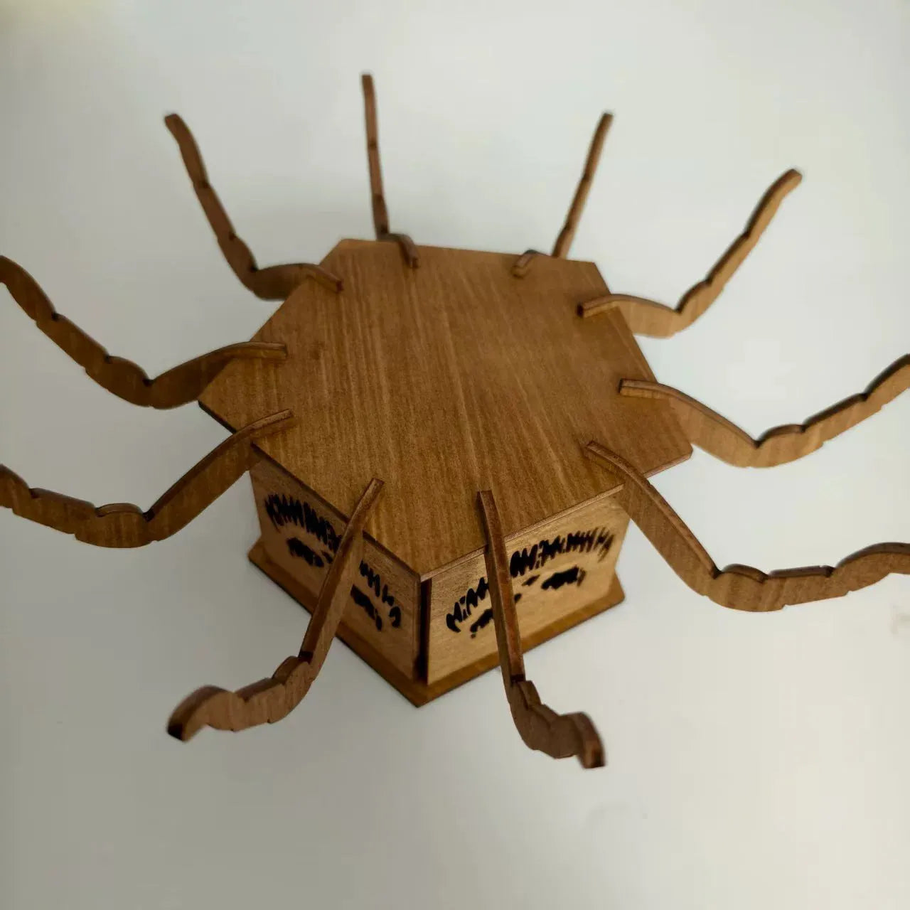Wooden spider-themed lantern candlestick decoration measuring 21cm tall