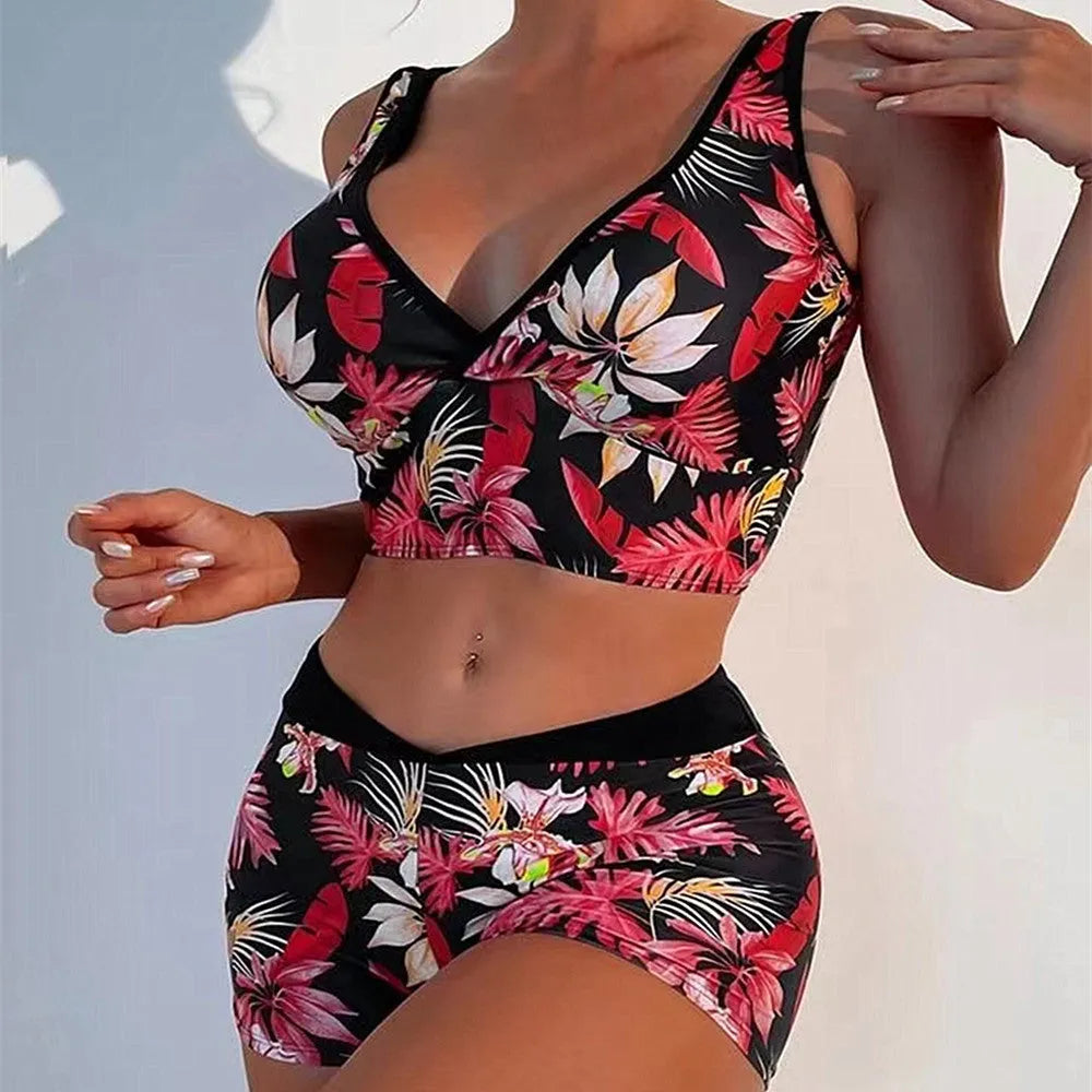 Women's printed two-piece swimsuit with sleeveless top and boxer-style briefs in multiple colours