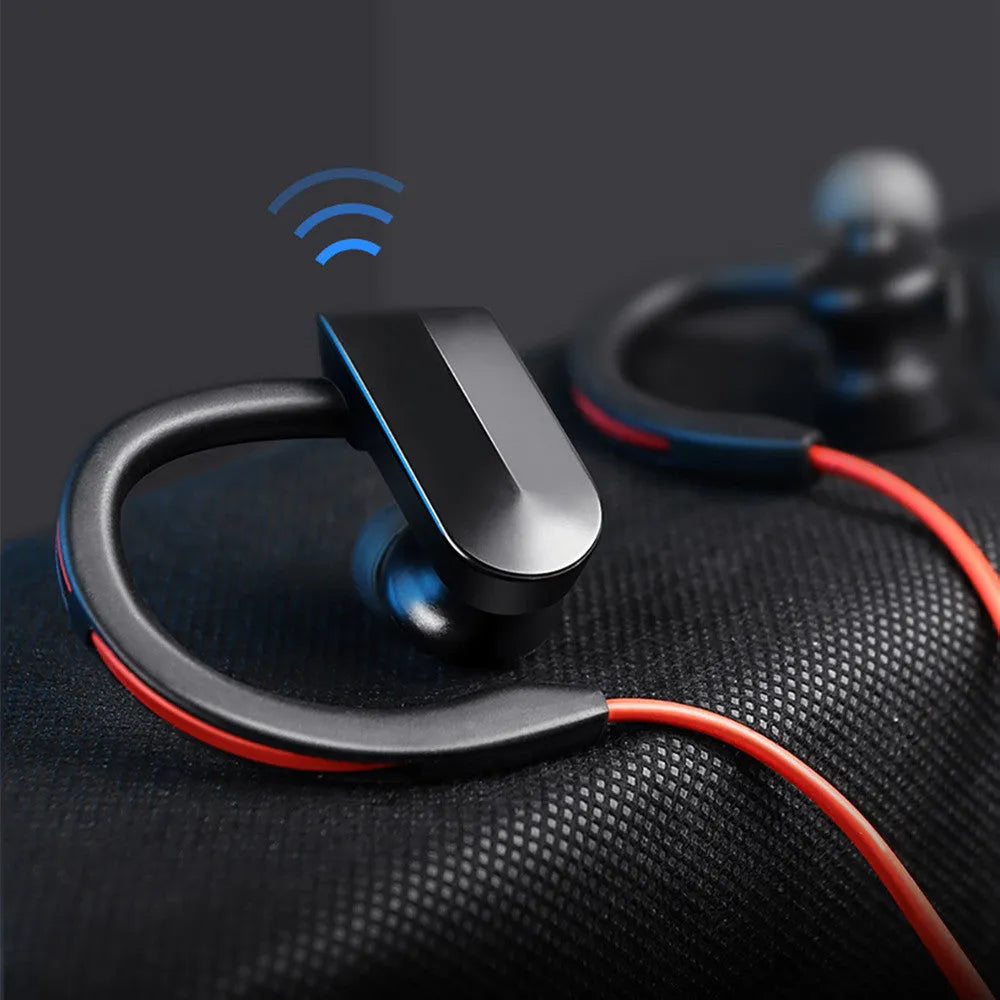 Wireless neck mounted Bluetooth earphones in black, blue, and red colour options