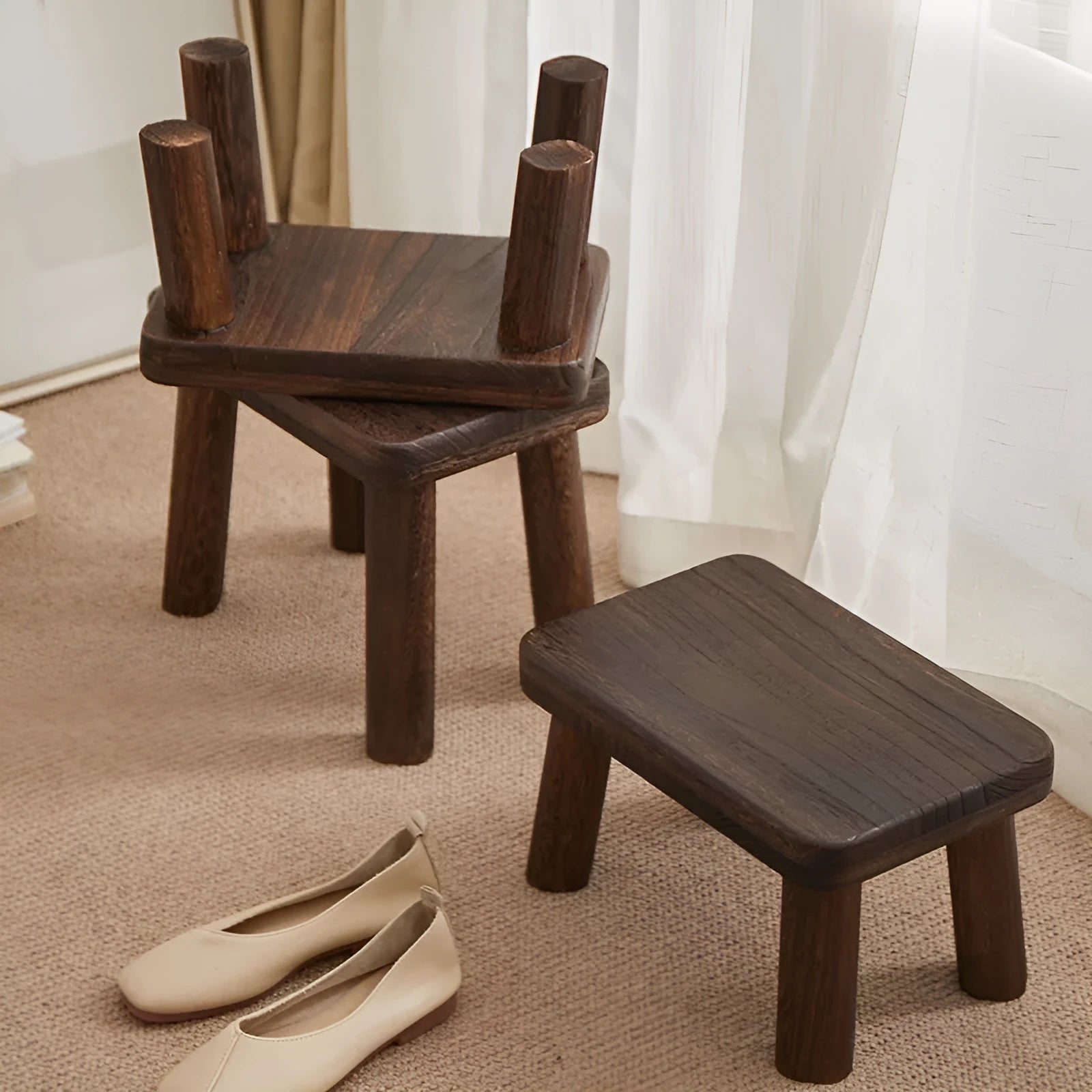 Distressed solid wood household stool for shoe changing with bracket structure