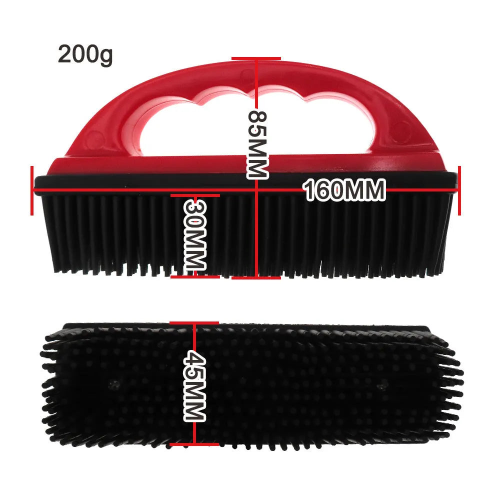 Red plastic pet hair removal brush with massage function for bath time and carpet cleaning