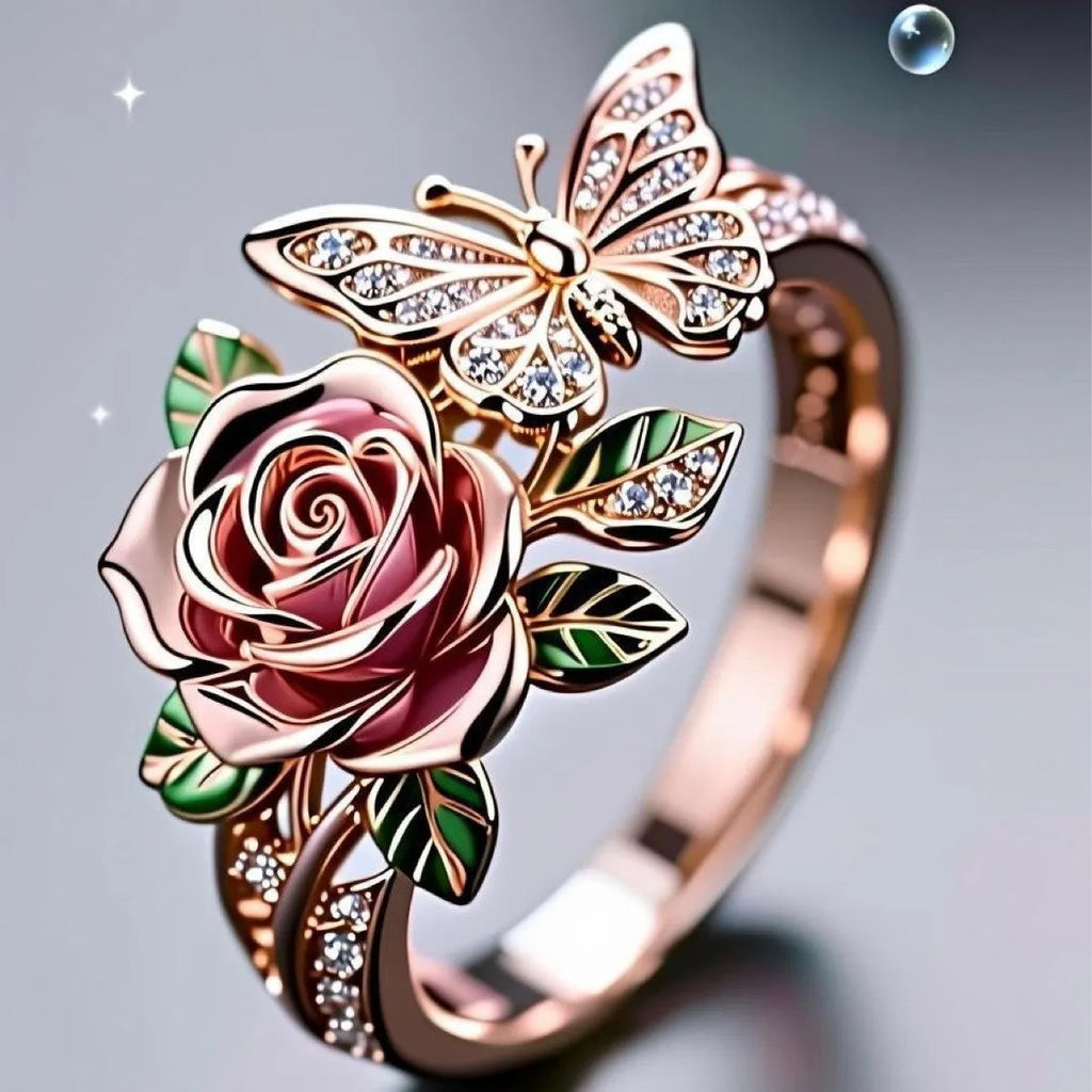 Adjustable alloy butterfly personality ring with dripping oil colour treatment showing fairy style flower and insect details