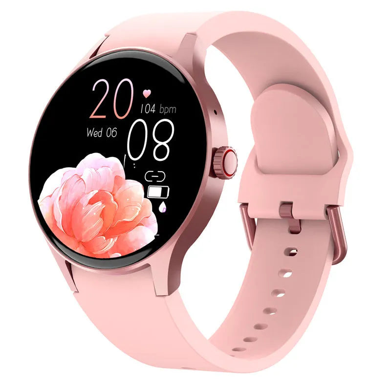 Black smart sport watch with a round touchscreen on a wrist, showing a fitness tracking interface.