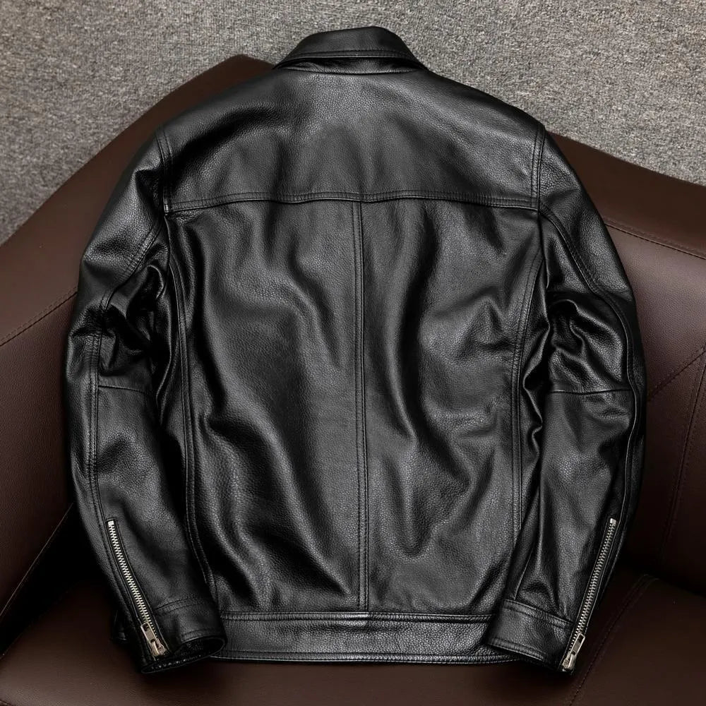 Leather pattern lapel jacket in loose fit with side seam pockets for men