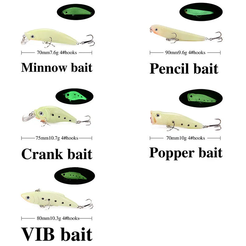 Five 3D fluorescent simulation luminous hard bait fishing lures with holographic finish in assorted colours