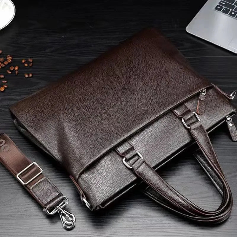 Men's black PU leather messenger bag with splicing design and crossbody strap