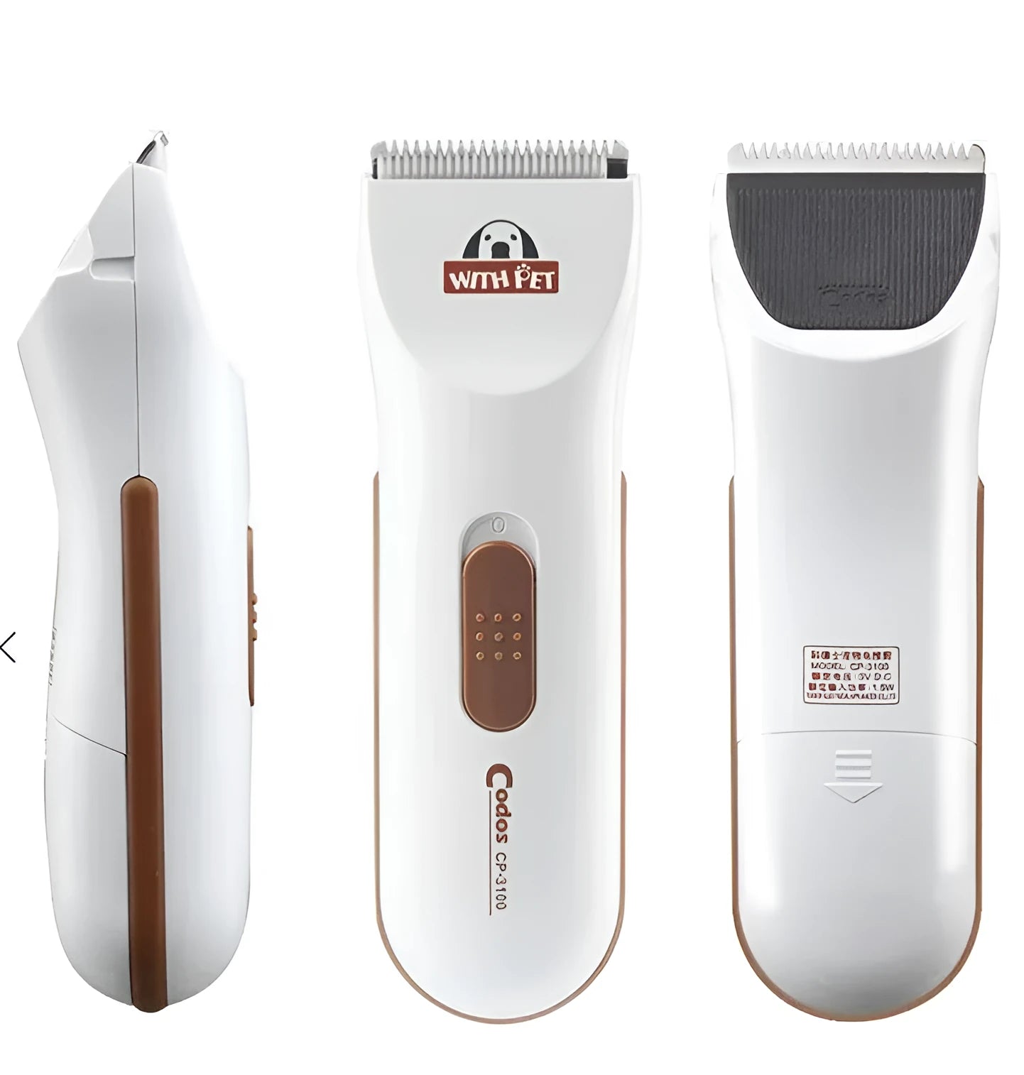 White cordless electric pet hair clipper with ceramic blade for dog and cat grooming.