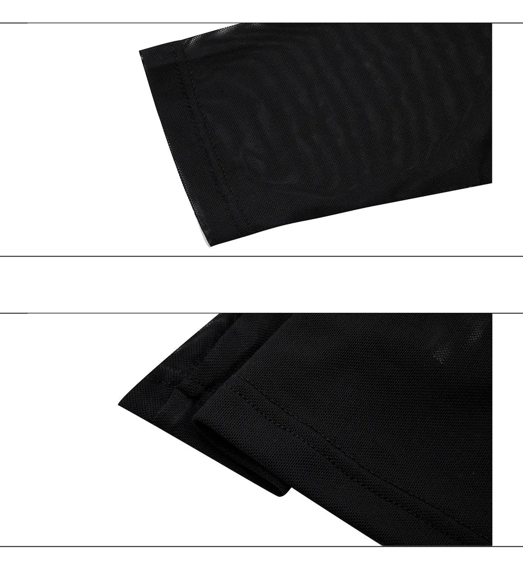 Man wearing a black niche mesh slim-fit long sleeve shirt showing texture and fit.