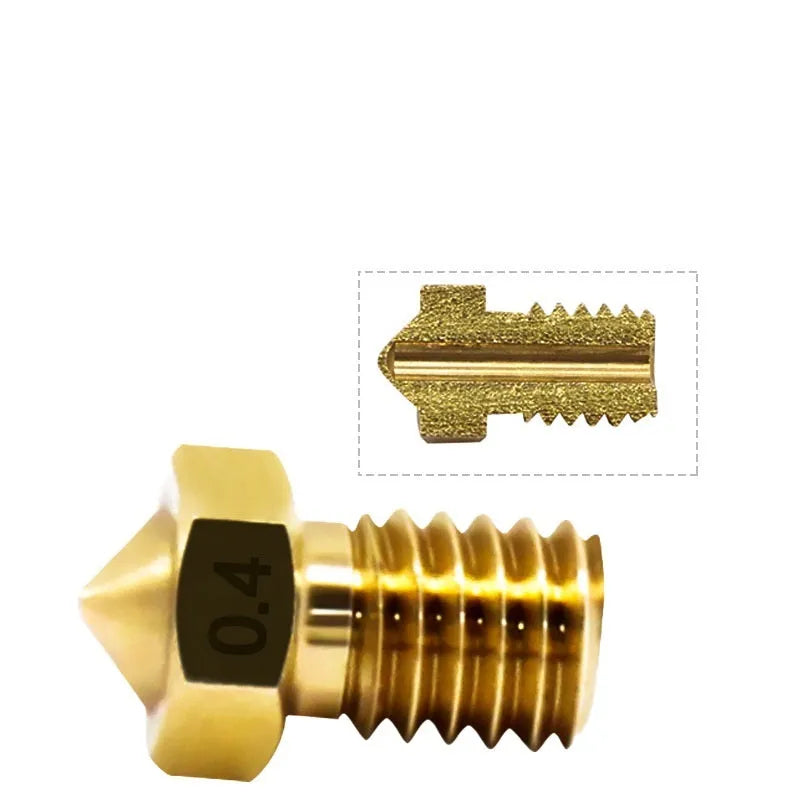 E3D M6 threaded brass 3D printer nozzle with multiple aperture size options.
