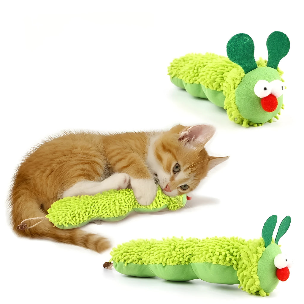 Green interactive plush cat toy pillow with electronic features, 24cm long