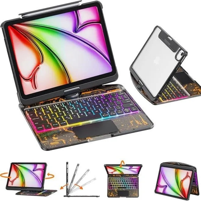 Transparent rotating keyboard protective case for Apple iPad Air tablet showing detachable wireless keyboard.