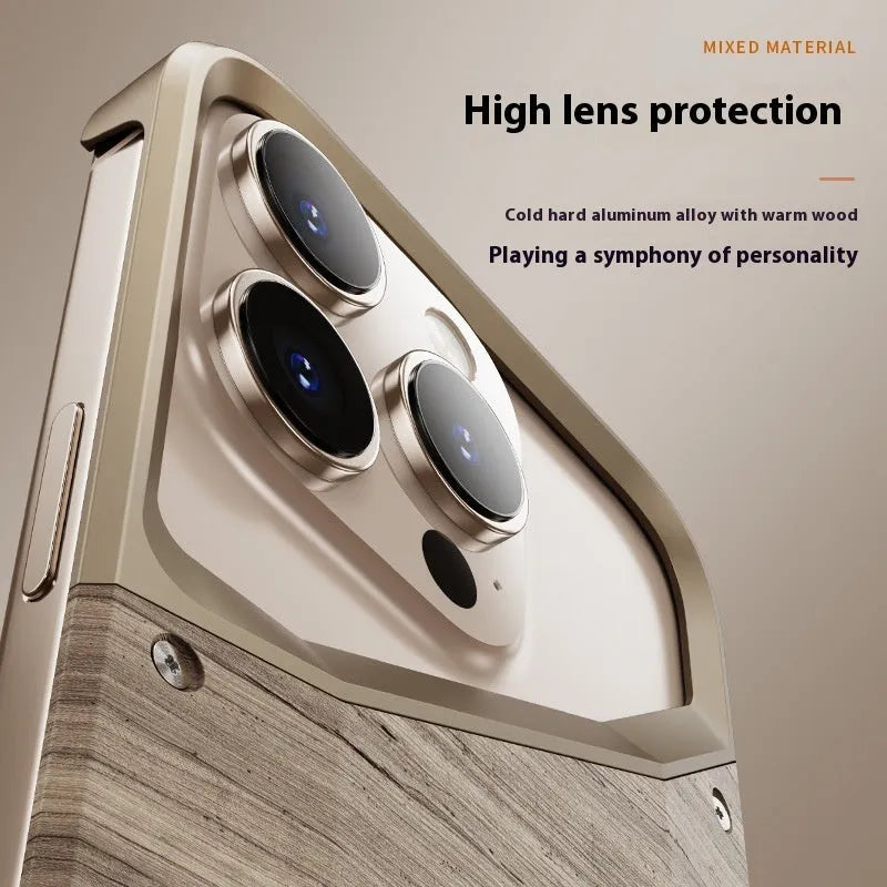 Hollow solid wood and aluminium phone case half pack design dark gray compatible with iPhone 15 and 16 series