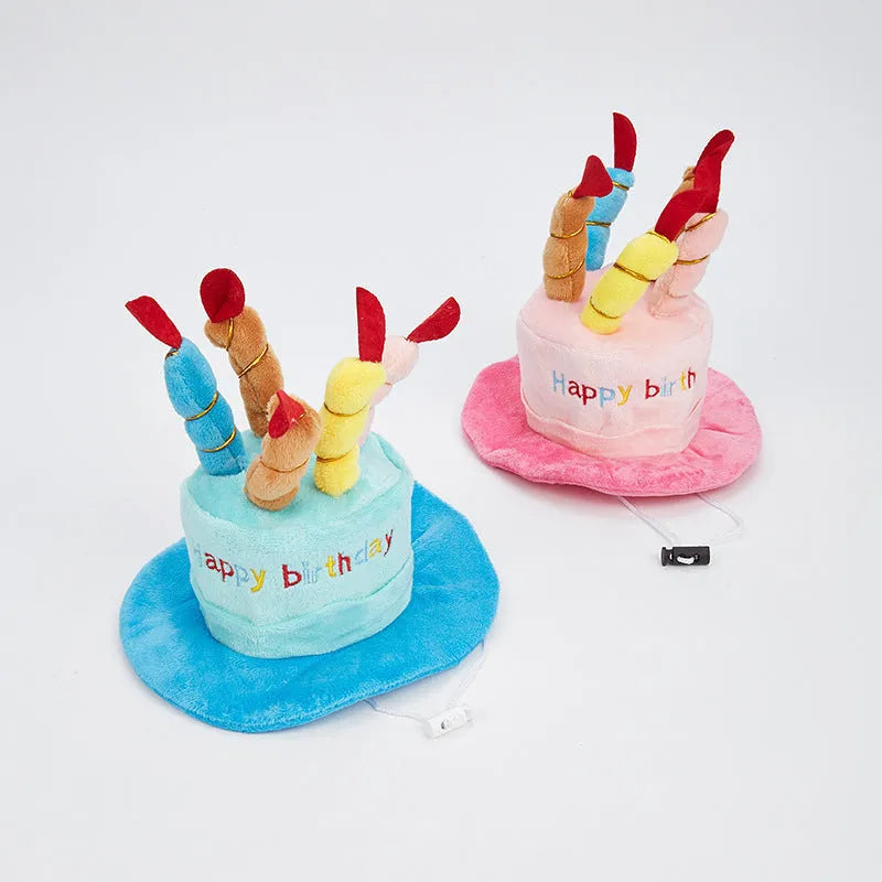 Blue dog birthday hat with party balloons and candles for small to medium dogs
