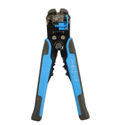 Yellow automatic wire stripper and crimping tool with self-adjusting jaws and integrated cutter