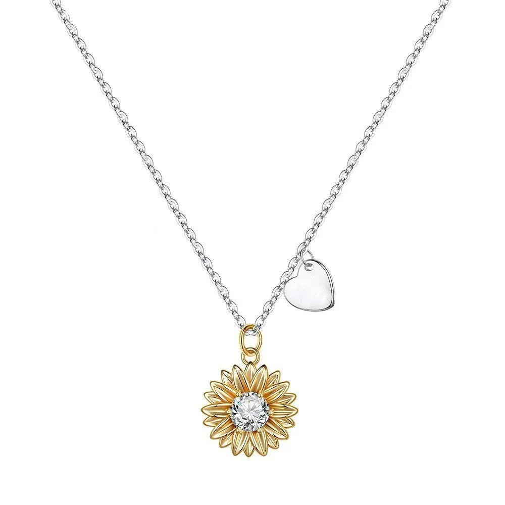 Sunflower necklace with 925 silver geometric pendant on adjustable cross chain