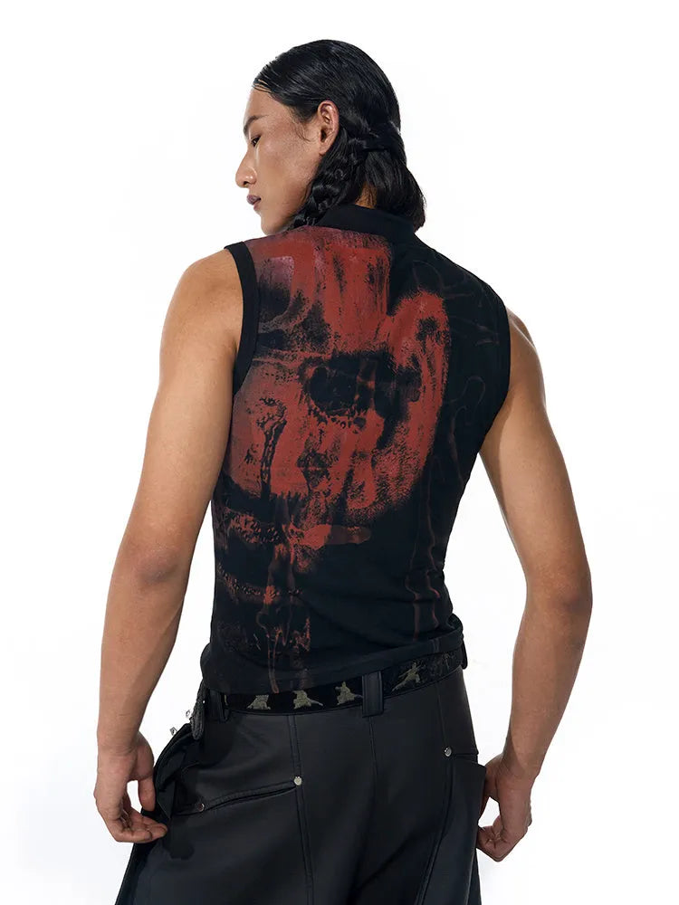 Men's half turtleneck sleeveless t-shirt slim fit printed cotton top