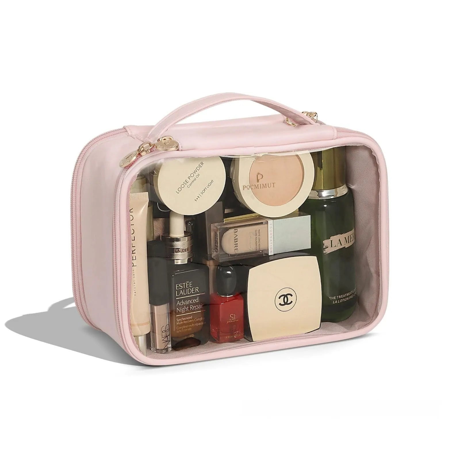 Transparent PVC cosmetic bag with waterproof design and polyester lining available in pink, beige, and brown.