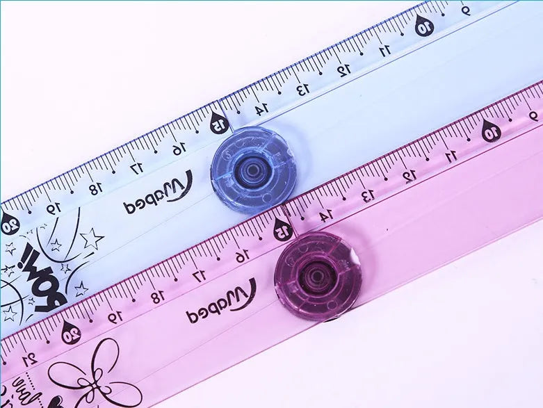 30cm widened rotary folding ruler in blue and pink colour options on a white background