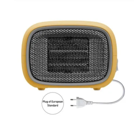 Mini ceramic desk heater in green colour showing compact rectangular design with safety grille