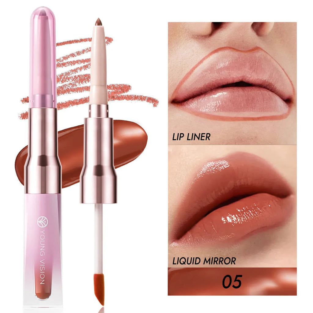 Double-headed lip liner and mirror lip gloss two-in-one with natural stereo effect, six colour options