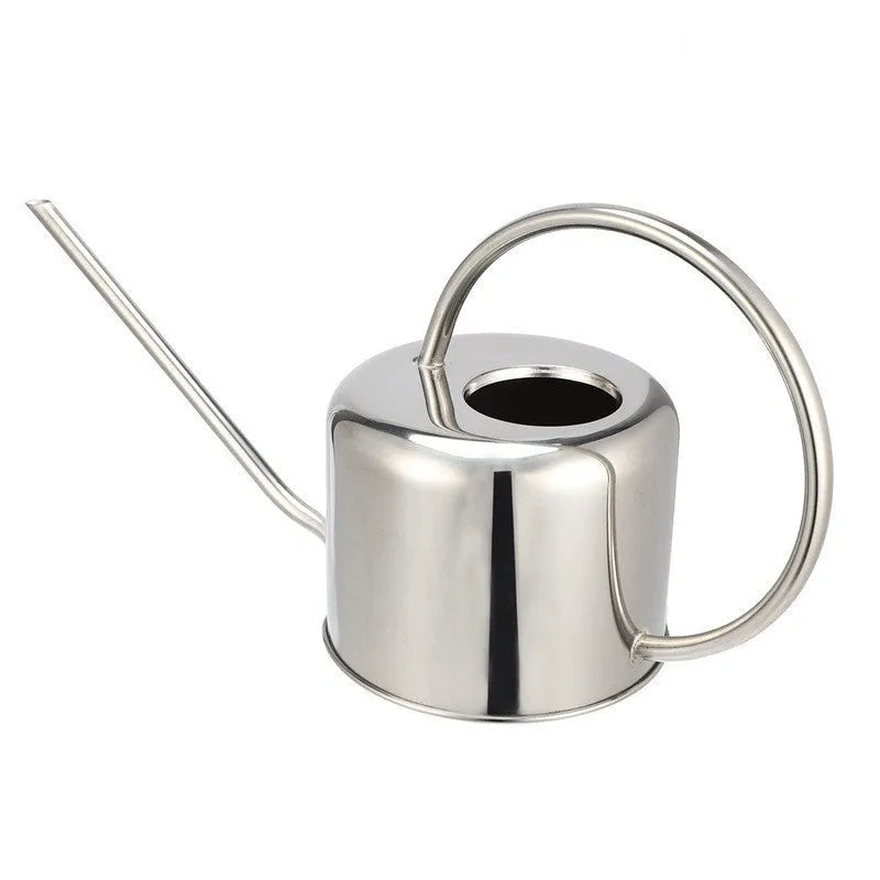 Stainless steel watering can with long spout, 2-litre capacity, shown in black, gold, and silver finishes.