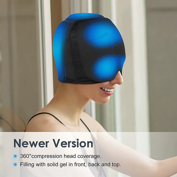 Black migraine relief hat with Lycra elastic cloth and gel pack on head model