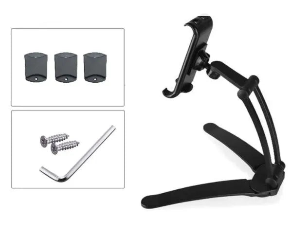 Silver aluminum alloy adjustable tablet stand holding a tablet with 360-degree rotation capability