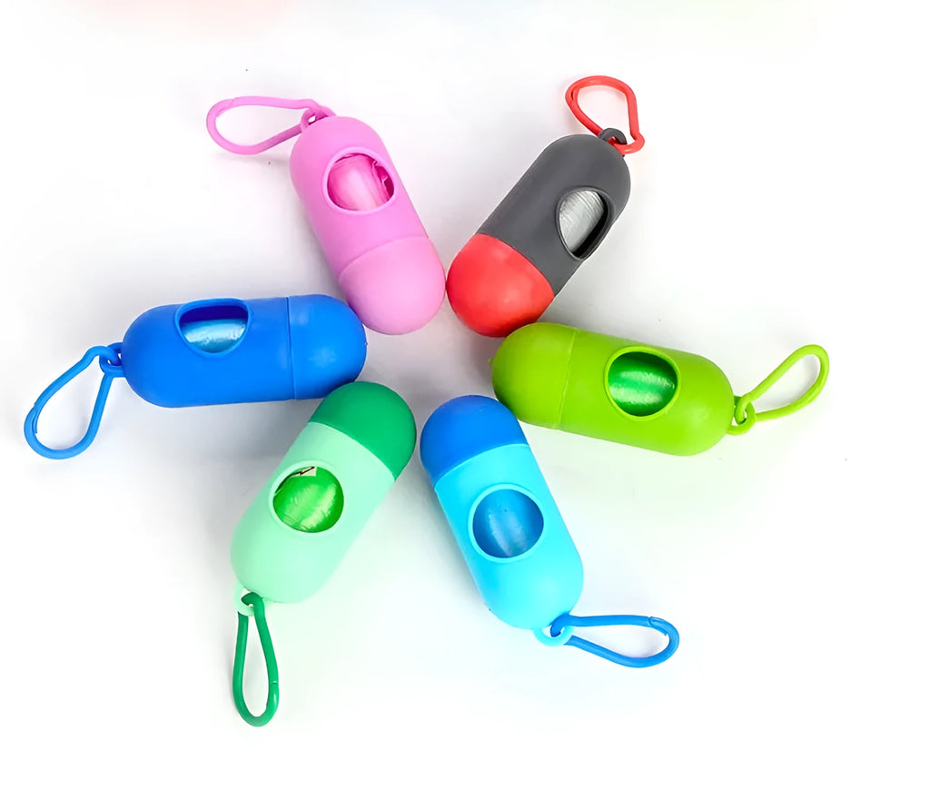 Roll of coloured pet waste bags for dog poop cleanup, showing size of 22.5 by 30 centimetres.
